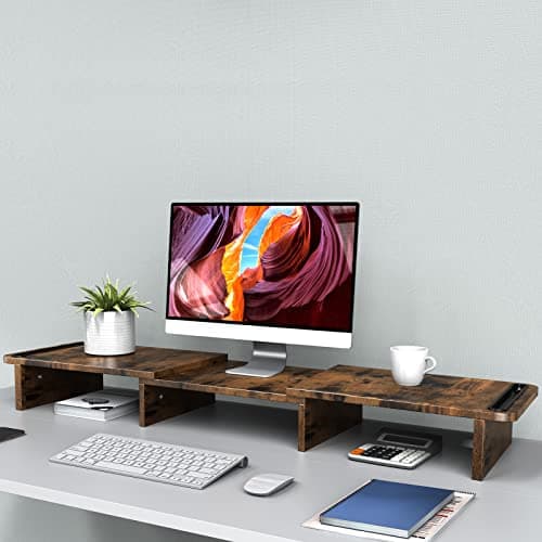 Zimilar Dual Monitor Stand Riser, Monitor Stand with Adjustable Length and Angle, Wood Monitor stand for desk, Monitor Riser for 2 monitors with Storage Space(Rust Brown Large)