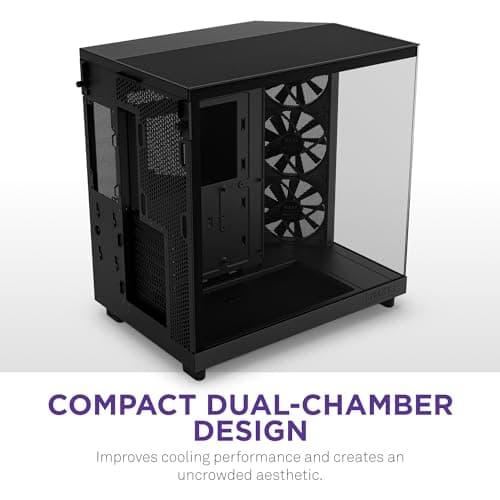 NZXT H6 Flow | CC-H61FB-01 | Compact Dual-Chamber Mid-Tower Airflow Case | Panoramic Glass Panels | High-Performance Airflow Panels | Includes 3 x 120mm Fans | Cable Management | Black