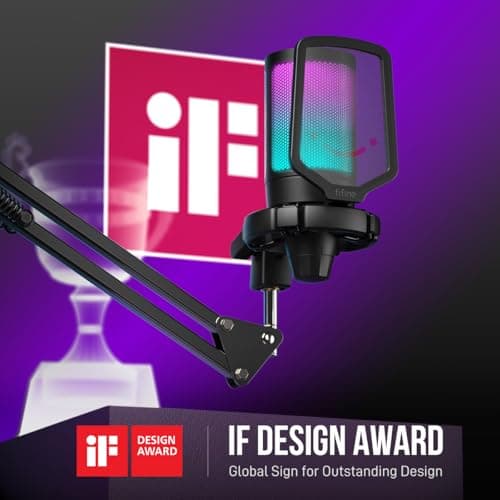 FIFINE Gaming PC USB Microphone, Podcast Condenser Mic with Boom Arm, Pop Filter, Mute Button for Streaming, Twitch, Online Chat, RGB Computer Mic for PS4/5 PC Gamer Youtuber-AmpliGame A6T