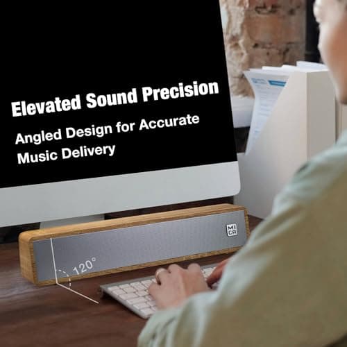 MICA Computer Speakers, Wired Computer Sound Bar, Wooden Mini Soundbar, USB Powered PC Speakers for Desktop Monitor, Laptop, Tablet, 3.5mm Aux Connection, Angled (Yellow)