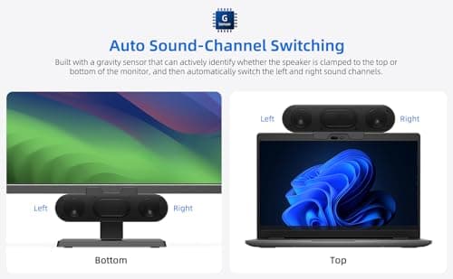 Computer Speakers for Desktop PC Monitor, External Speakers for Laptop, USB-Powered, Plug-n-Play, Wired, Clip-On, Small Computer Soundbar for PC, with Loud Sound, Rich Bass, G-Sensor, USB-C Adapter
