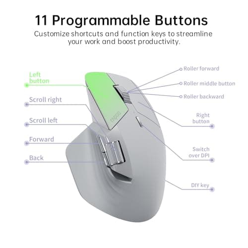 Rapoo MT760 Multi-Device Wireless Mouse, Bluetooth 5.0 and 2.4G Multi-Mode Connection, Up to 4 Devices, 11 Programmable Buttons, 4K DPI, 90 Days Battery Life, PC, Light Grey