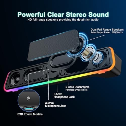 Computer Speakers - Wired USB Powered Bluetooth Computer Sound Bar with RGB & Volume Knob, HiFi Stereo Portable Gaming Sound Bar Speaker for Desktop Monitor, PC, Laptop, Tablets, Mac Air/Pro