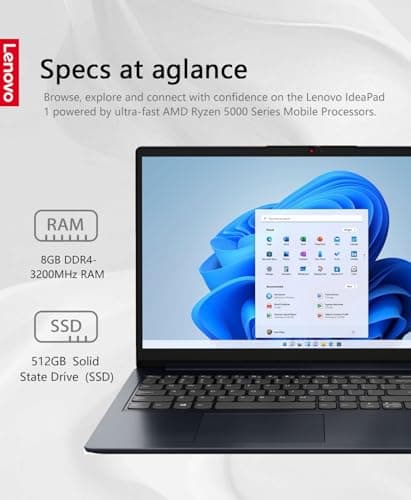 Lenovo Ideapad 1 Laptop, 15.6" FHD (1920x1080) IPS 300nits Anti-Glare Display, Touch, Ryzen 5 7520U, 8GB RAM, 512GB Storage, AMD Radeon Graphics, HDMI, Windows 11, HDMI, Abyss Blue