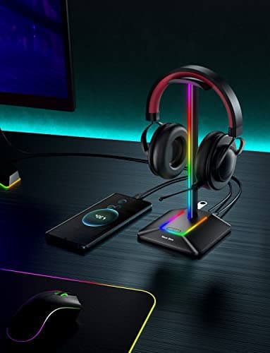 New bee RGB Headphone Stand with 1 USB-C Charging Port and 1 USB Charging Port, Desk Gaming Headset Stand with 7 Light Modes for All Earphone Accessories (Black)