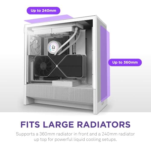 NZXT H5 Flow 2024 - Compact ATX Mid-Tower PC Gaming Case - High Airflow - 2 x 120mm Fans Included - 360mm Front & 240mm Top Radiator Support - Cable Management System - Tempered Glass - White