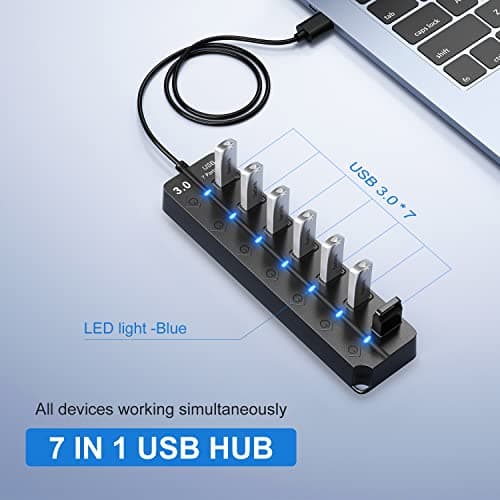 USB Hub 3.0, 7-Port USB Hub Splitter with Individual On/Off Switches and Lights, 3.2ft/1m Long Cable Compatible with MacBook, Laptop, Surface Pro, PS4, PC, Flash Drive, Mobile HDD