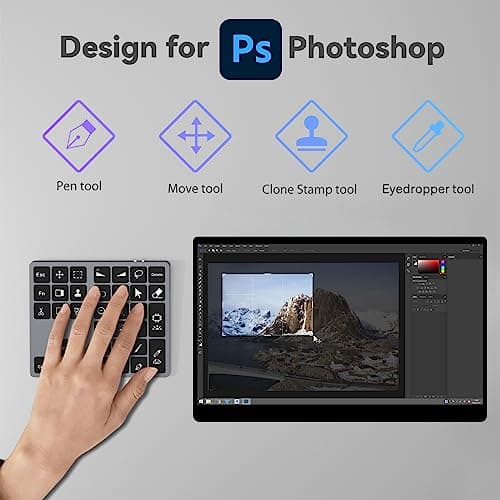 Doohoeek Bluetooth Shortcut Keyboard for Adobe Photoshop for PC Computer, Desktop, iPad & MacBook, PS Shortcut Hotkeys Keypad Rechargeable with 7-Color Backlit Key for MacOS, iOS & Windows