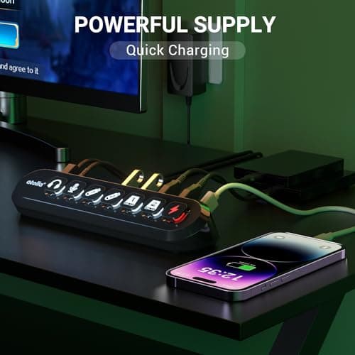 Powered USB Hub, atolla 7-Port USB 3.0 hub (6 Superspeed Transfer Ports+ 1 Fast Charging Port) with Swappable Illuminated Icon Switch and 12V/3A Power Adapter for Windows, MacOS, ChromeOS, Linux