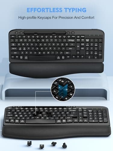 Ergonomic Wireless Keyboard with Cushioned Wrist Rest, Wave Keys, Phone Holder, Comfortable Natural Typing, 2.4GHz Full Size Silent Cordless USB Computer Keyboard for Laptop, Mac, Windows (Black)