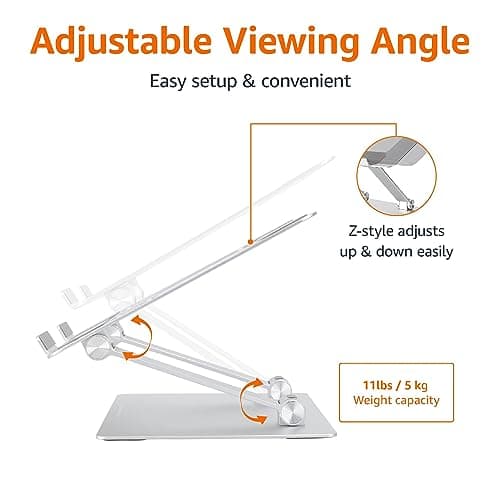 Amazon Basics Sturdy and Portable Ergonomic Laptop Stand for Desk, Adjustable Riser, Fits all Laptops and Notebooks up to 17.3 Inch, Silver, 10 x 8.7 x 6 in