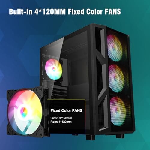 RUIX CV103 ATX Mid-Tower PC Case, Pre-Installed 4 x 120mm RGB Fans, RGB Color Lighting, Tempered Glass, USB 3.0, Gaming Computer Case, High-Airflow - Black