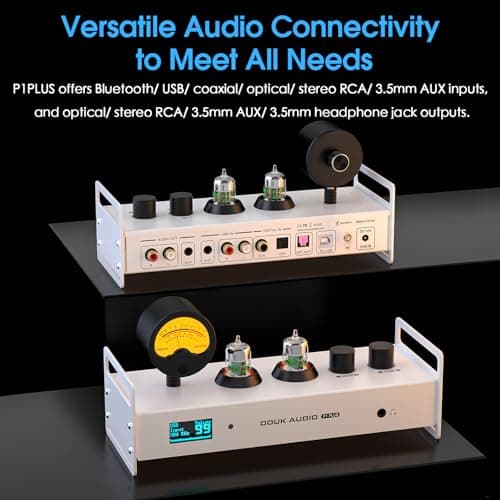 Douk Audio 2 Channel Bluetooth Vacuum Tube Preamp, Hi-Fi Headphone Amp, USB DAC PC Sound Card, Wireless Receiver Audio Preamplifier with VU Meter, Optical, Coaxial, APTX, LDAC, DSD256, Remote Control