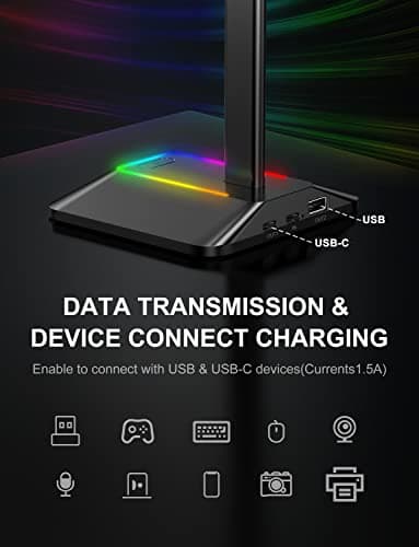 New bee RGB Headphone Stand with 1 USB-C Charging Port and 1 USB Charging Port, Desk Gaming Headset Stand with 7 Light Modes for All Earphone Accessories (Black)