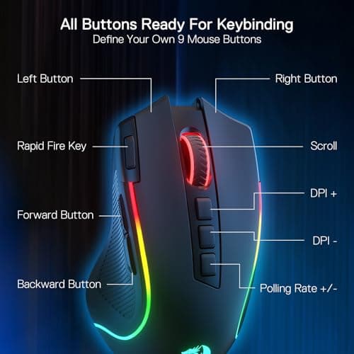 Redragon M612 PRO RGB Gaming Mouse, 8000 DPI Wired/Wireless Optical Mouse with 9 Programmable Buttons & 7 Backlit Modes, BT & 2.4G Wireless, Software Supports DIY Keybinds Rapid Fire Button