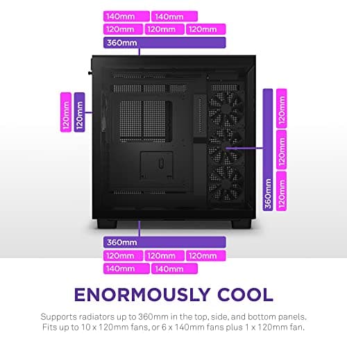 NZXT H9 Flow Dual-Chamber ATX Mid-Tower PC Gaming Case – High-Airflow Perforated Top Panel – Tempered Glass Front & Side Panels – 360mm Radiator Support – Cable Management – Black