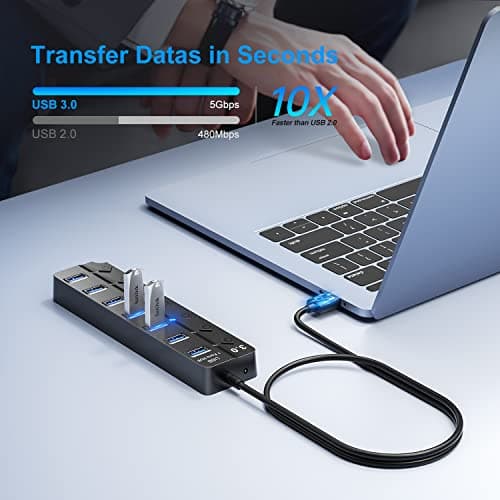 USB Hub 3.0, 7-Port USB Hub Splitter with Individual On/Off Switches and Lights, 3.2ft/1m Long Cable Compatible with MacBook, Laptop, Surface Pro, PS4, PC, Flash Drive, Mobile HDD