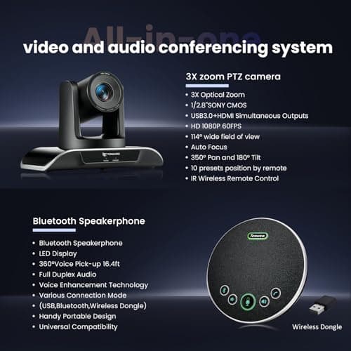 All-in-One Conference Room Video Camera System Bundle HD 1080P 60fps 3X Optical Zoom USB3.0 HDMI PTZ Camera and Bluetooth Conference Speakerphone with Microphones