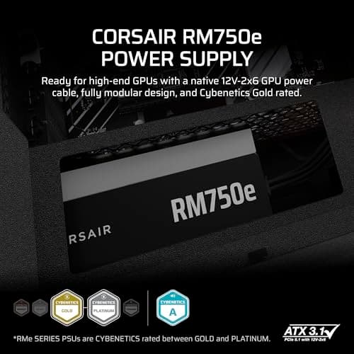 CORSAIR RM750e (2025) Fully Modular Low-Noise ATX Power Supply with 12V-2x6 Cable – ATX 3.1 & PCIe 5.1 Compliant, Cybenetics Gold Efficiency, 105°C-Rated Capacitors, Modern Standby Mode – Black
