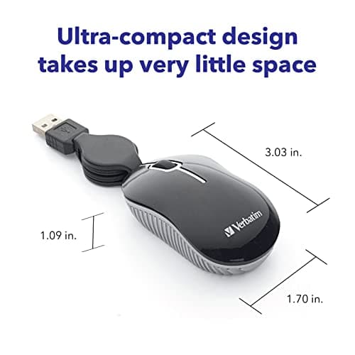 Verbatim Wired Optical Computer Mini USB-A Mouse - Plug & Play Corded Small Travel Mouse with Retractable Cable – Black 98113