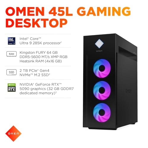 HP OMEN 45L Gaming Desktop, Intel Core Ultra 9 285K, 64 GB RAM, 2 TB SSD, NVIDIA GeForce RTX 5090, Windows 11 Pro, Microsoft Copilot, Tempered Glass, GT22-3090 (2025)