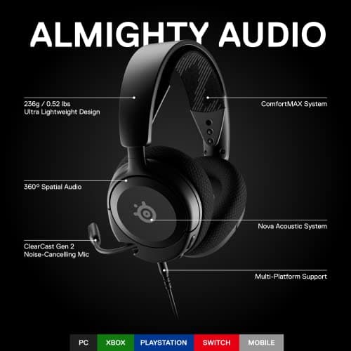 SteelSeries Arctis Nova 1 Multi-System Gaming Headset — Hi-Fi Drivers — 360° Spatial Audio — Comfort Design — Durable — Ultra Lightweight — Noise-Cancelling Mic — PC, PS5/PS4, Switch, Xbox - Black