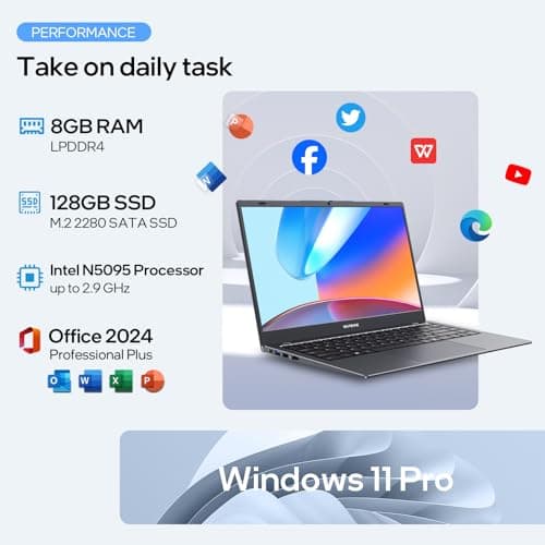 Laptop Computer, 8GB RAM, 128GB SSD, Quad-Core N5095 Processor Laptop, 14" HD Display Laptops, Support WiFi 5, Bluetooth 5.0, USB 3.0, Webcam, Pre-Installed Office Pro Plus 2024