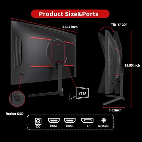 24 inch 1500R Curved Gaming Monitor 165Hz 1ms FHD 1080p VA Tilt Adaptive Sync HDR 110% sRGB DP/HDMI,VESA for Gaming Home Office Business PS5 PC Monitors