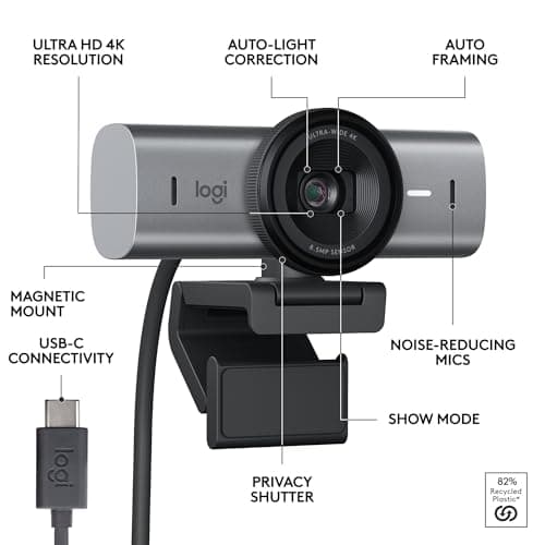 Logitech MX Brio Ultra HD 4K Collaboration and Streaming Webcam, 1080p at 60 FPS, Dual Noise Reducing Mics, Show Mode, USB-C, Webcam Cover, Works with Microsoft Teams, Zoom, Google Meet - Graphite