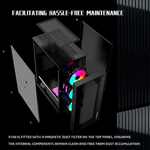 RAIDMAX V100 Gaming Case with 4 Pre-Installed Rainbow Fans, ATX Mid Tower Case, Gaming PC Black (V100TBS)