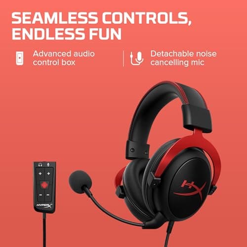 HyperX Cloud II - Gaming Headset, 7.1 Surround Sound, Memory Foam Ear Pads, Durable Aluminum Frame, Detachable Microphone, Works with PC, PS5, PS4, Xbox Series X|S, Xbox One – Red