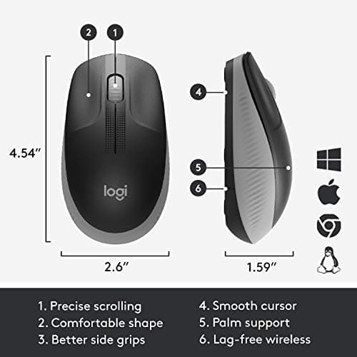Logitech Wireless Mouse M190 - Full Size Ambidextrous Curve Design, 18-Month Battery with Power Saving Mode, Precise Cursor Control & Scrolling, Wide Scroll Wheel, Thumb Grips - Mid Grey