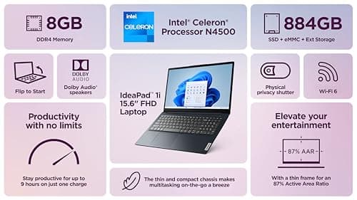 Lenovo IdeaPad Laptop Computer 2025, 15.6" Display, 8GB RAM, 884GB Storage (256GB SSD + 128GB eMMC + 500GB Ext), Intel Dual Core Processor, Long Battery, MarxsolAccessory, 1 Year Office 365, Win 11