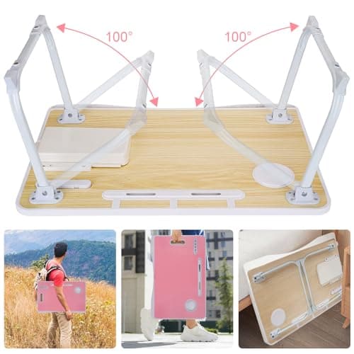 Laptop Bed Table, Laptop Desk for Bed, Foldable Laptop Bed Desk with USB Charge Port, Handle, Desktop Card Slot, Cup Slot, Side Drawer, Portable Laptop Table for Eating Reading Working