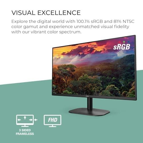 AOC 24B2H2 24” Frameless IPS Monitor, FHD 1920x1080, 100Hz, 106% sRGB, for Home and Office, HDMI x2, Low Blue Mode, VESA Compatible, Black