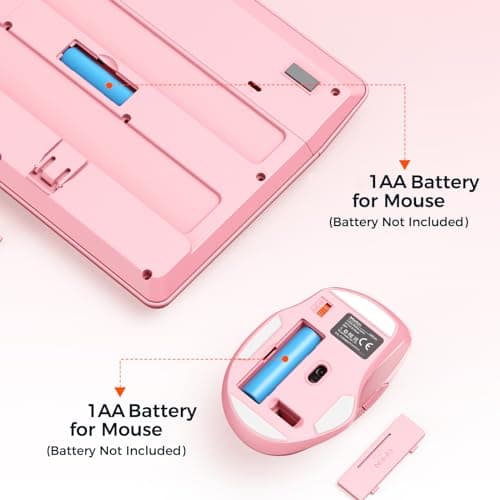 MEETION Wireless Keyboard and Mouse, Full-Sized Cordless Keyboard with Wrist Rest and 3 DPI Adjustable Mouse, 2.4G Wireless, Compatible with PC/Computer/Laptop/Windows/Mac, Pink