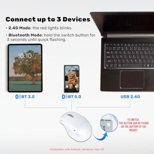 J-Tech Digital Wireless Mouse, Vertical Ergonomic Mouse with 2.4G Wireless & Bluetooth for 3 Multi-Device Function, Adjustable DPI Modes, Compatible with PC, Mac, Laptop - White