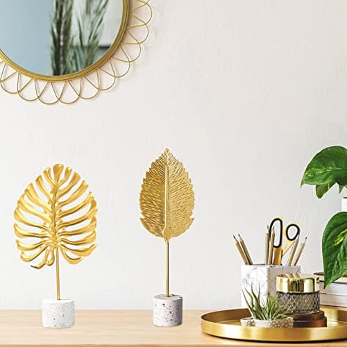 Gold Leaf Statues, Modern Metal Iron Art Crafts Sculpture Golden Leaves Sculpture with Base, Desktop Ornaments Home Office Figurine for Table Decor