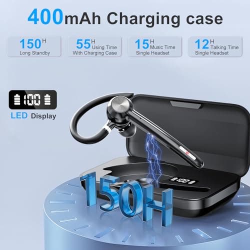 Bluetooth Headset, Wireless Bluetooth Earpiece With 400mAh Charging Case,150 Hours Talktime Hands Free Noise Canceling Headphones for iOS Android Cell Phone, Built-in Mic for Trucker, Office.
