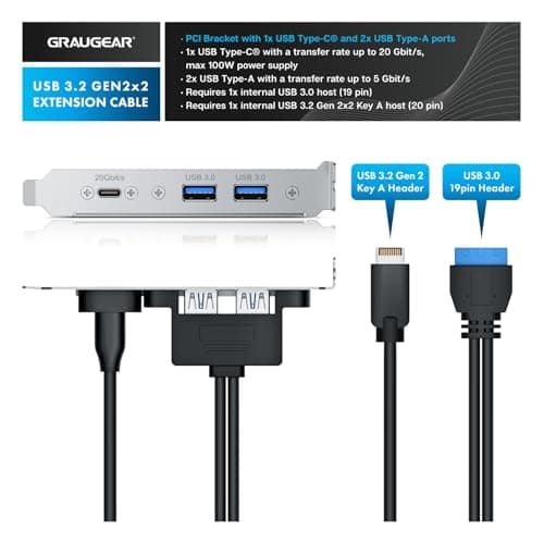 GRAUGEAR 20Gbps USB3.2 Gen2x2 USB-C Front Panel Adapter, Motherboard Header Extension Cable, USB-C and USB to USB3.2 Type-E Key-A 20-Pin and 19-Pin USB3.0 Connectors with PCIe Bracket[G-AD-ETC2A-20G]