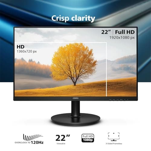 Philips 221V8LB3 22'' Class Thin Full HD Monitor (1920 x 1080), 120Hz with 1ms MPRT for Casual Gaming, Adaptive Sync, LowBlue Mode, VESA Mount, HDMI & VGA, 4-Year Advance Replacement Warranty