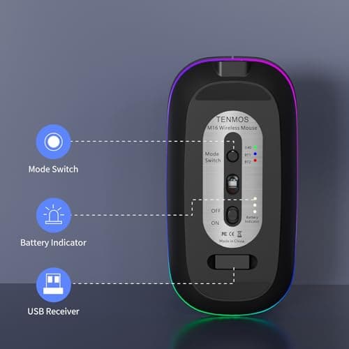 TENMOS Wireless Bluetooth Mouse, LED Slim (Bluetooth 5.1/5.0 + USB) 2.4GHz Rechargeable Silent Bluetooth Wireless Mouse with Type C Adapter for Laptop/MacBook/iPad OS 13 and Above (Matte Black)