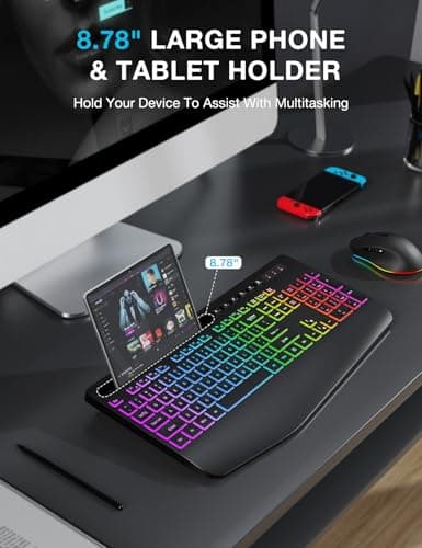 Wireless Keyboard and Mouse Combo, 9 Backlit Effects, Wrist Rest, Phone Holder, 2.4G Lag-Free Ergonomic Keyboards, Rechargeable Silent Cordless Set for Computer, Laptop, PC, Mac, Windows -SABLUTE