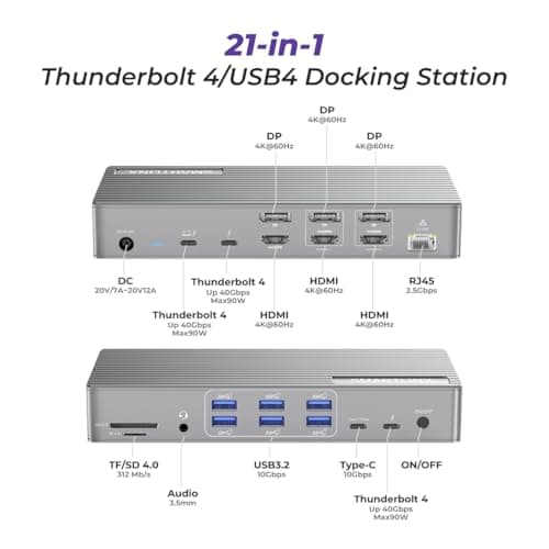 Thunderbolt 4 Dock with DisplayLink - USB-C/A MacBook Docking Station, Chrome, Windows 10/11 Compatible – 21 Ports, Dual/Triple/Quad/5 Monitor Support - 40Gbps, 150W Charging, 8K/4K Display