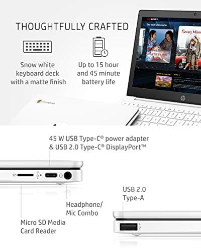 HP Chromebook 11-inch Laptop - Up to 15 Hour Battery Life - MediaTek - MT8183 - 4 GB RAM - 32 GB eMMC Storage - 11.6-inch HD Display - with Chrome OS™ - (11a-na0021nr, 2020 model, Snow White)