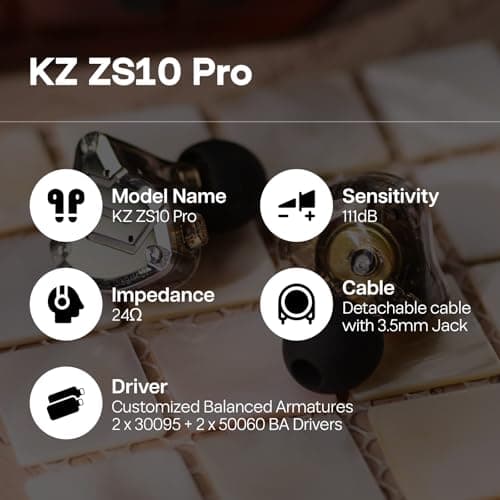Linsoul KZ ZS10 Pro, 4BA+1DD 5 Driver in Ear Monitor, HiFi Wired Earbuds, Gaming Earbuds, Hybrid IEM Earphones with Stainless Steel Faceplate, Detachable Cable for Musician(Without Mic, Black)
