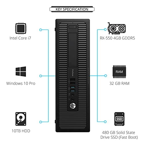HP Video Editing CAD 800 G1 Desktop Computer PC, Intel Core i7-4570 3.2 GHz Processor, 32GB RAM, 480GB SSD (Fast Boot) + 10TB HDD, Graphics Card RX-550 4GB GDDR5, WiFi, Windows 10 Pro (Renewed)