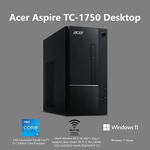 Acer Aspire TC-1750-UR12 Desktop | 12th Gen Intel Core i5-12400 6-Core Processor | 16GB 3200MHz DDR4 | 512GB NVMe M.2 SSD | 8X DVD | Intel Wireless Wi-Fi 6E AX211 | Bluetooth 5.2 | Windows 11 Home
