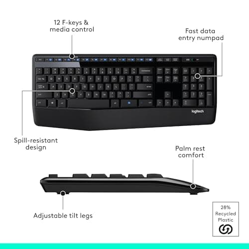 Logitech MK345 Wireless Keyboard and Mouse Combo with Palm Rest, 2.4 GHz USB Receiver, Compatible with PC, Laptop, Black