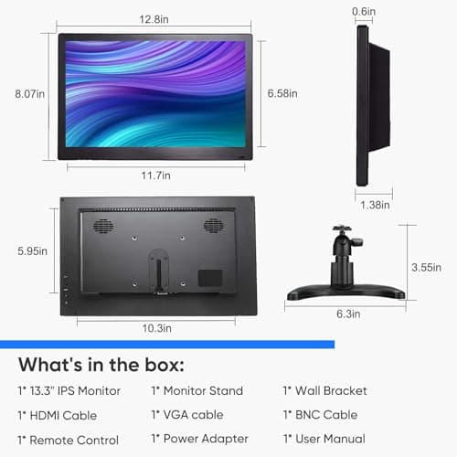 JaiHo 13.3 Inch Small HDMI Monitor 1920×1080 Resolution 60Hz HD IPS Display Screen, 16:9 Security Monitor for Gaming CCTV Security Camera Raspberry Pi PC, Built-in Speaker, Black